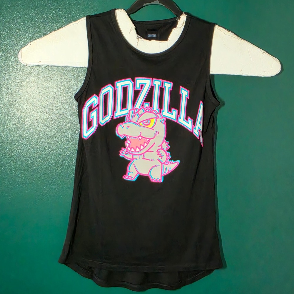 Godzilla Graphic Tank Top Black Neon Pink Blue Kaiju Sleeveless Shirt Medium
